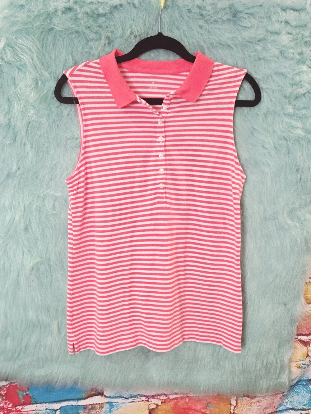 Lands End Pink And White Striped Sleeveless Front Button Top Size M